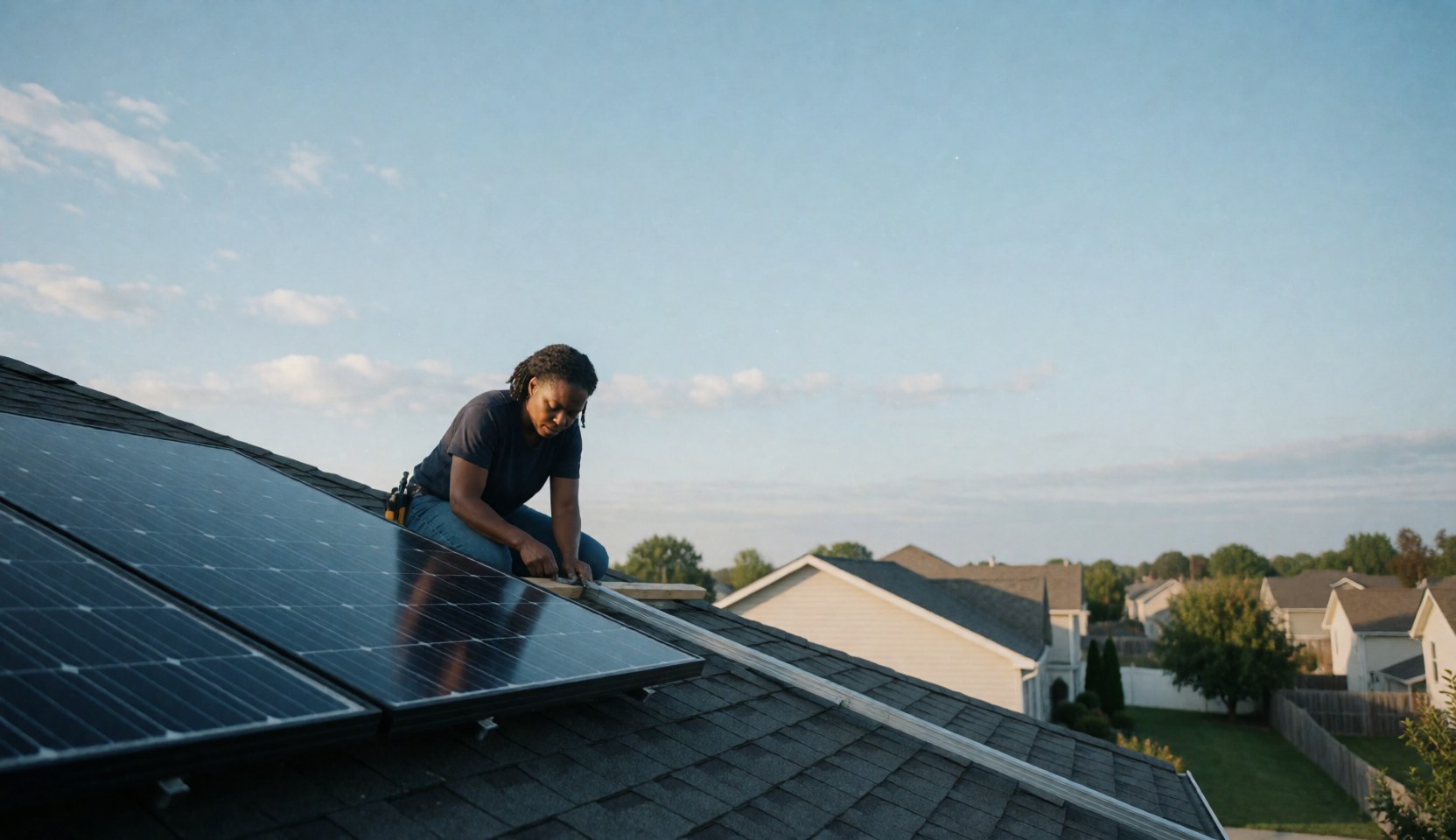 African American technician installing solar panels on a house roof with a blue sky and suburban neighborhood in the background
