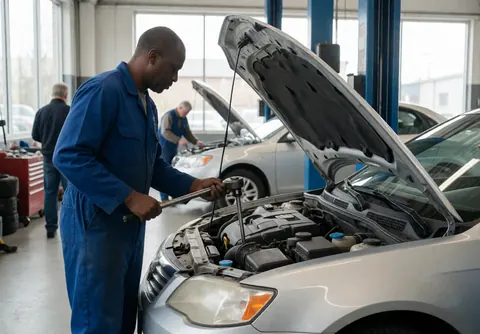 Black mechanic in blue overalls working on silver car engine in bright modern garage