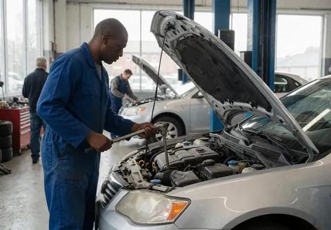 Mechanic in blue overalls working on silver car engine in bright modern garage