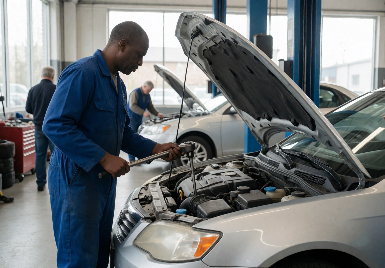 Black mechanic in blue overalls working on silver car engine in bright modern garage