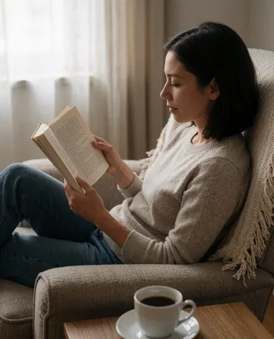 A woman reads a book comfortably in an armchair beside a cup of coffee near a window.