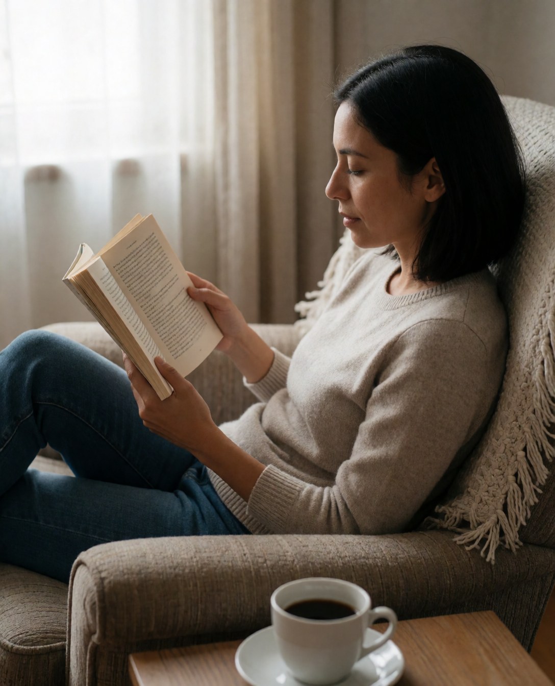 A woman reads a book comfortably in an armchair beside a cup of coffee near a window.
