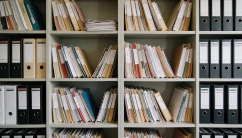 Rows of file shelves filled with folders and documents in an insurance office, serving as a professional background for text.