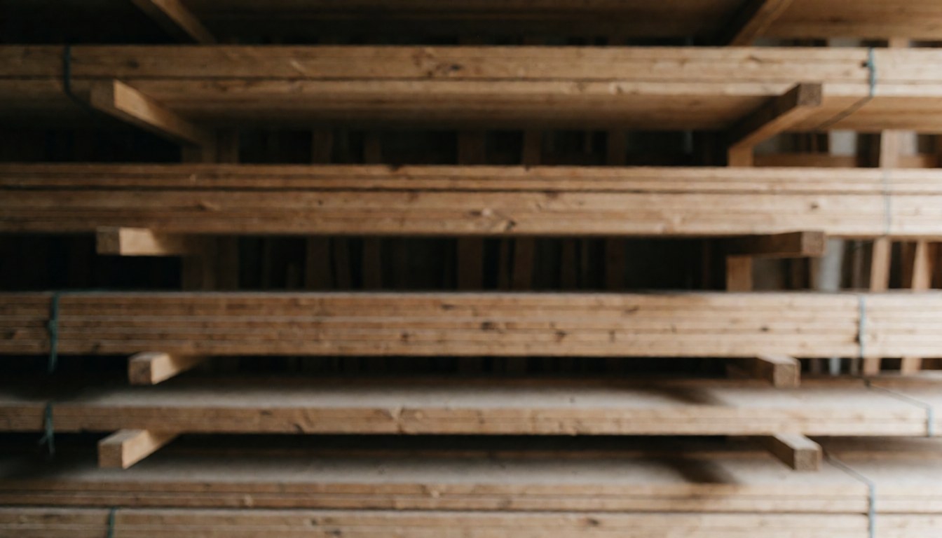 Stacks of wooden planks piled in a carpentry warehouse with a warm blurred background suitable for text overlay