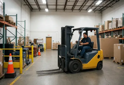 Worker operating a crane inside a moving company warehouse with shelves, cones, and boxes under industrial lighting