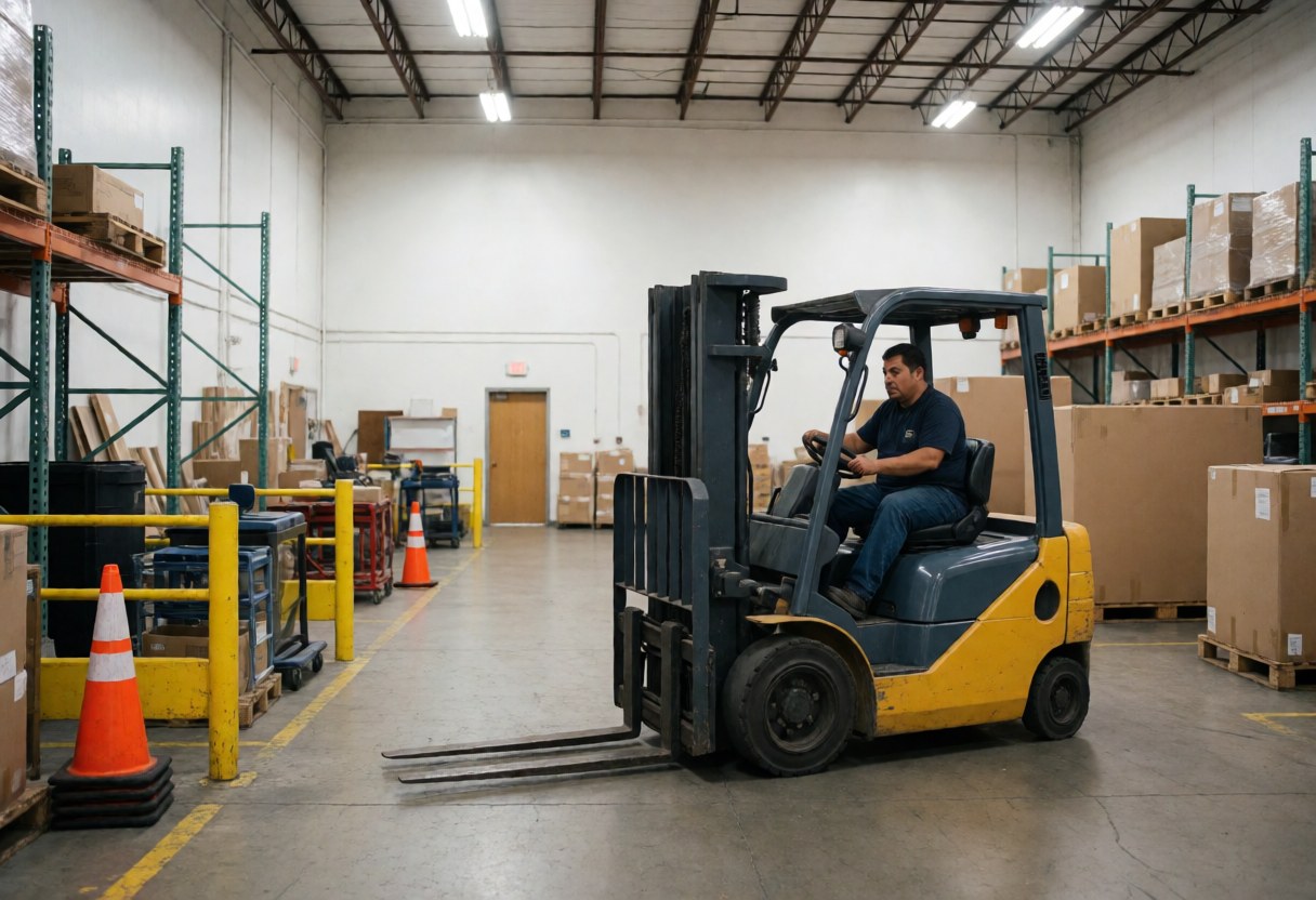 Worker operating a crane inside a moving company warehouse with shelves, cones, and boxes under industrial lighting