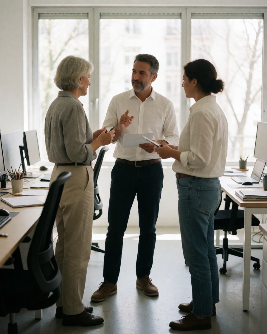 Three adults in a modern office discussing travel plans with documents and computers
