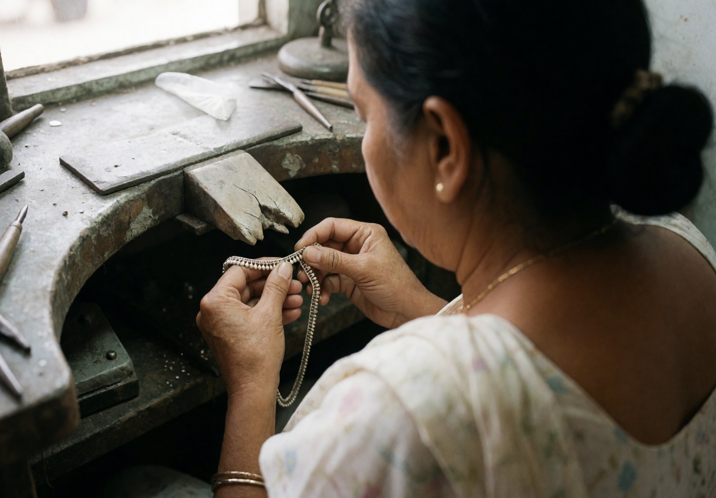 A woman artisan polishes a silver chain in her jewelry workshop using tools and natural light