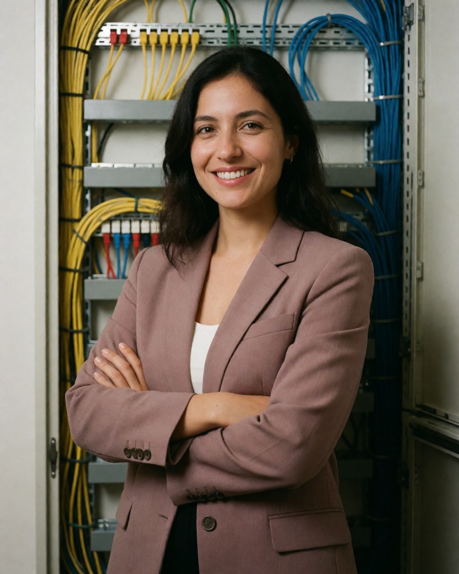 Smiling female network engineer with crossed arms in front of organized cable panels wearing a blazer in a professional it support environment