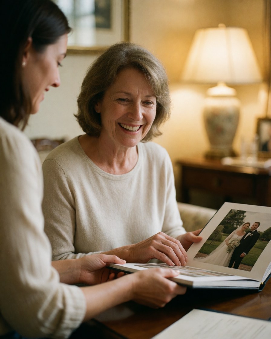 An older woman smiles while looking at wedding photos in an album with an advisor in a warm room