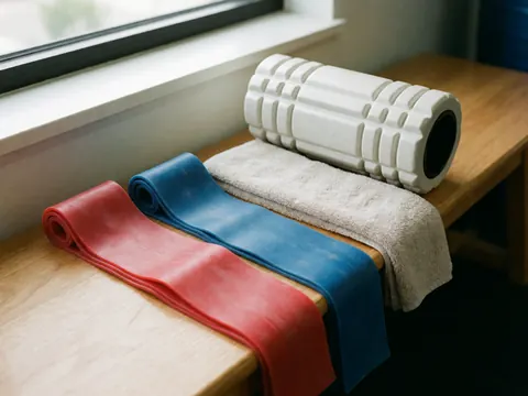 Resistance bands, foam roller, and towel arranged on a wooden bench illuminated by natural light for fitness centers