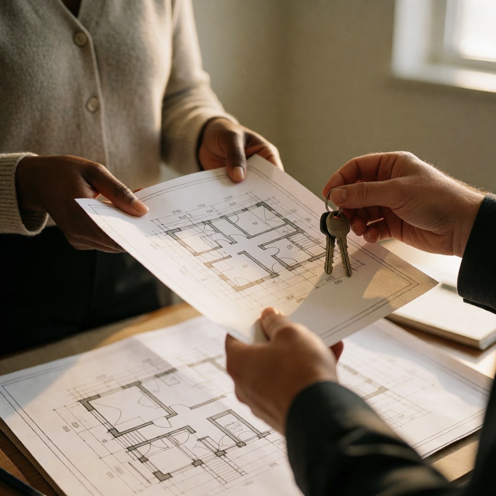 Close-up of an architect's hands handing over architectural blueprints and house keys to a client in an office setting.