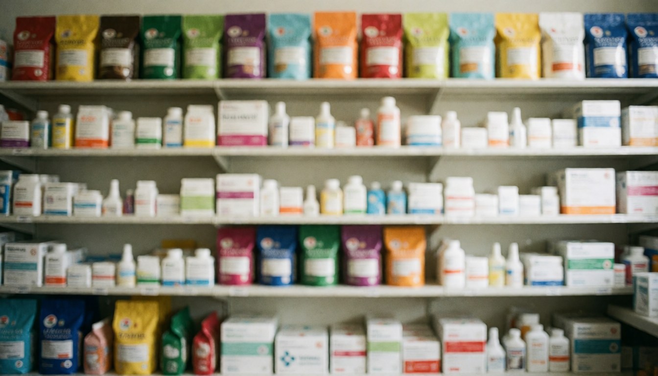 Shelves stocked with pet food bags and medications in a veterinary clinic with a blurred background suitable for text overlay