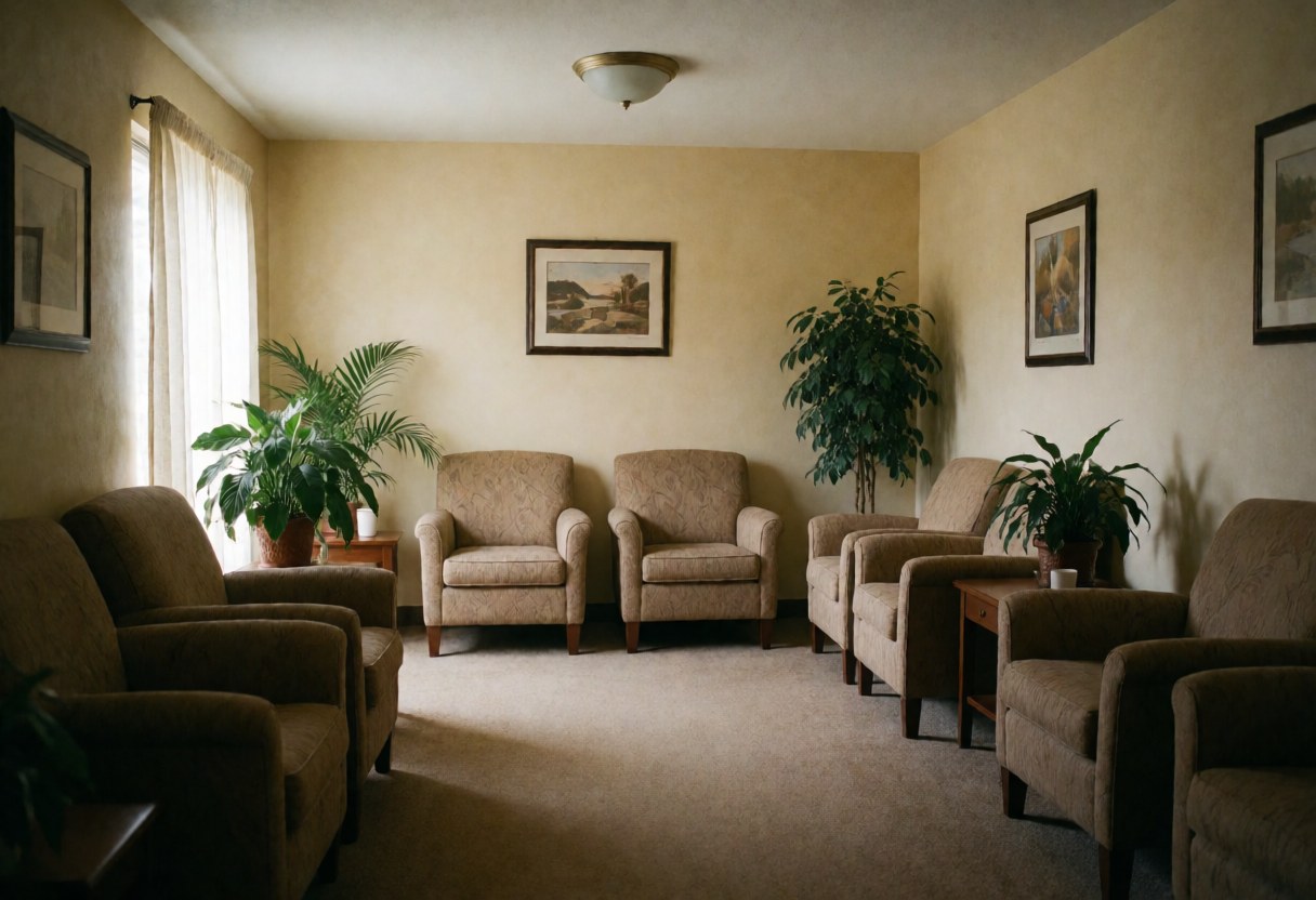 Bright waiting area featuring comfortable chairs, green plants, and light walls, suitable for a beauty salon.
