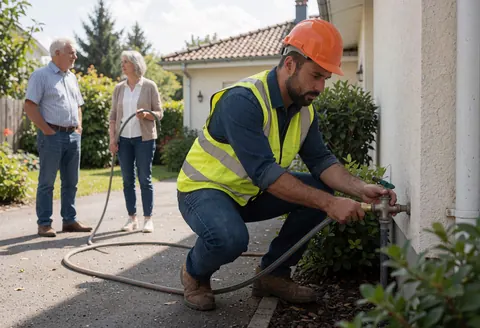 Plumber in safety gear connects a hose to an outdoor faucet while homeowners watch in the background
