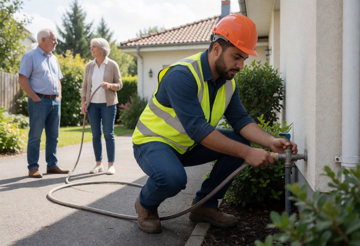 Plumber in safety gear connects a hose to an outdoor faucet while homeowners watch in the background