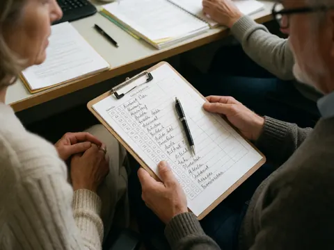 Adult holding driving checklist with pen while another person observes in a professional driving school office setting