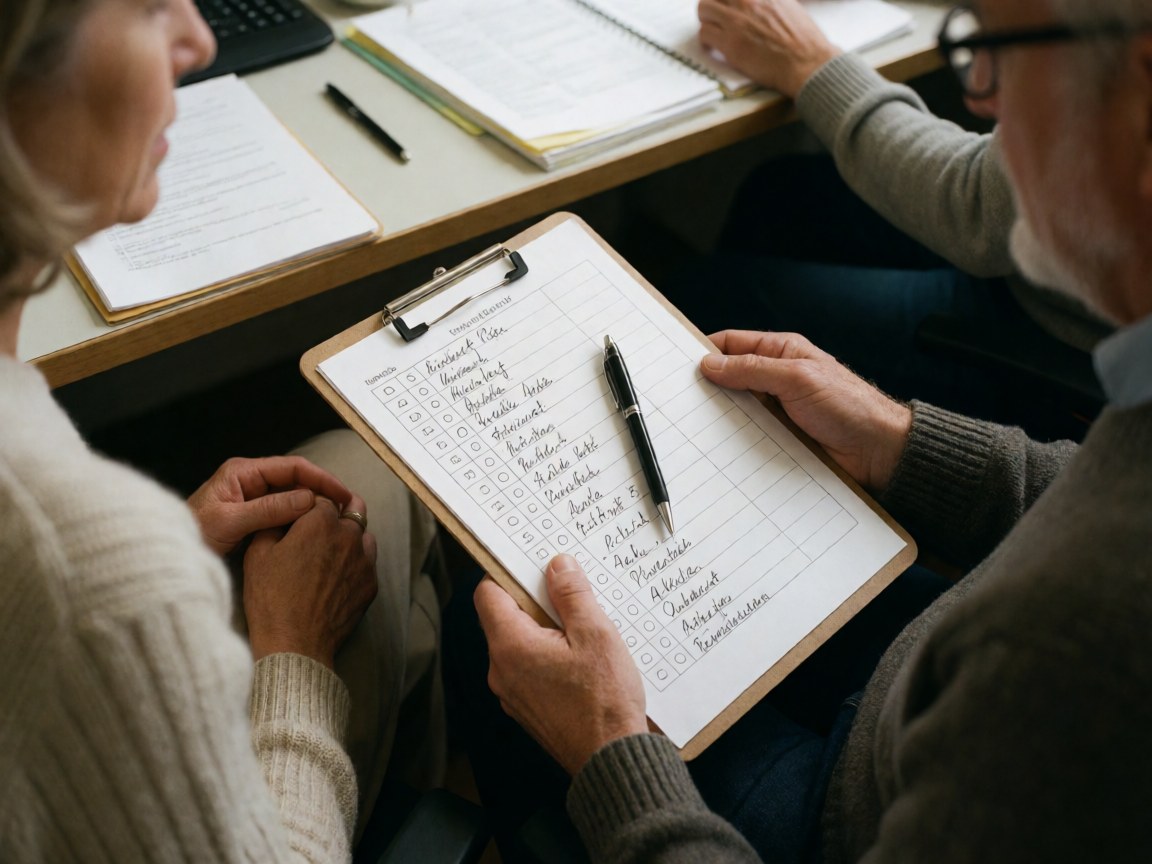 Adult holding driving checklist with pen while another person observes in a professional driving school office setting