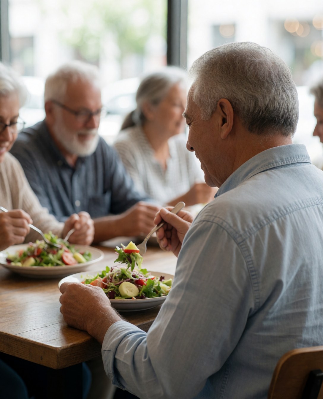 A smiling senior man eats a healthy salad in a relaxed cafe setting with other older adults nearby