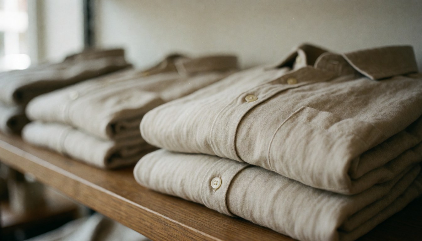 Neatly folded linen shirts arranged on a wooden shelf with a blurred neutral background suitable for text overlay