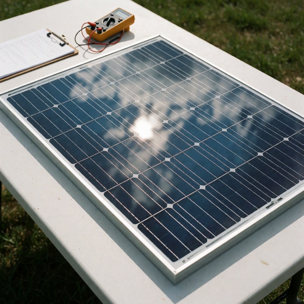 Photovoltaic solar panel on a white table reflecting the sky and clouds, placed next to a multimeter and a portfolio for a clean professional look