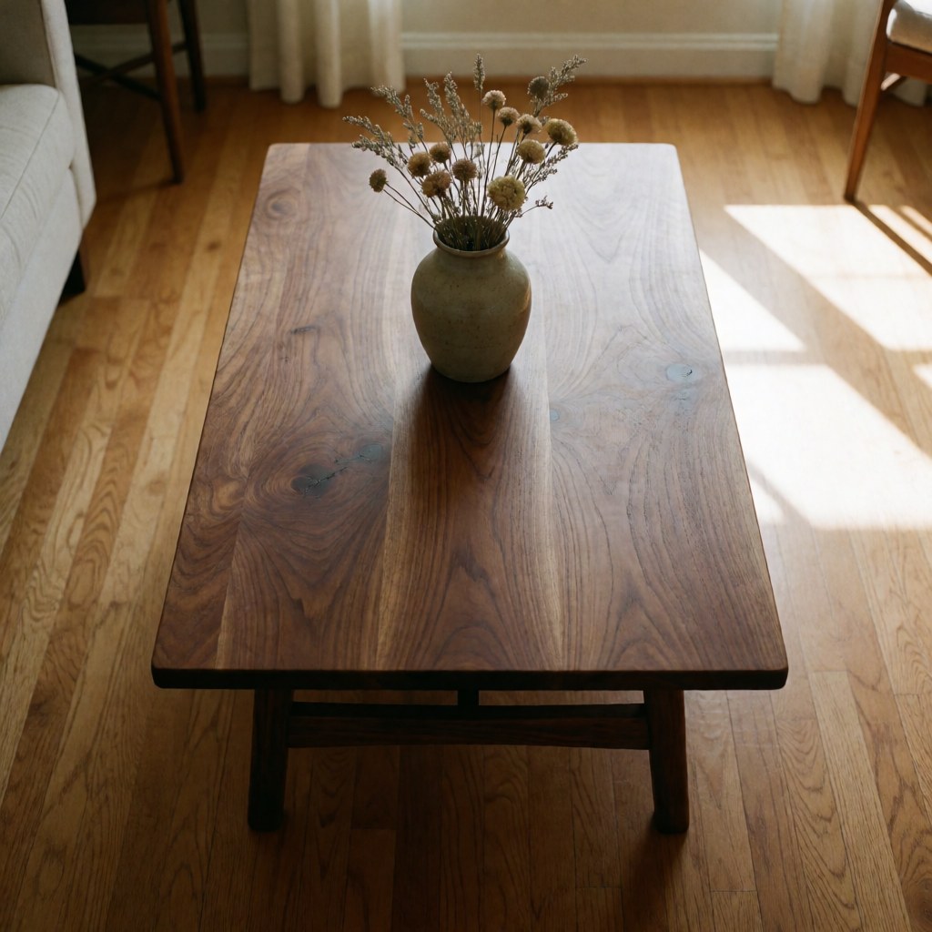 Solid wood table with sturdy legs on a wooden floor, featuring a vase of dried flowers in the center, illuminated by natural light