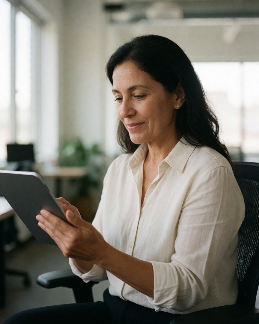 A smiling Latina woman checks her tablet while seated in a modern office with natural light.