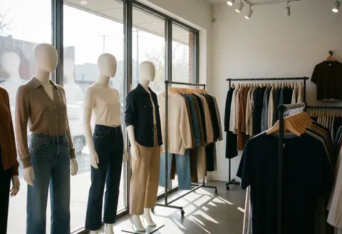 Interior of a clothing store featuring dressed mannequins, window light, and hangers with garments in a clean modern setting