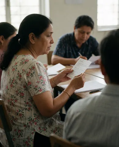 South Asian woman practicing pronunciation with flashcards in a language class with a tutor in the background