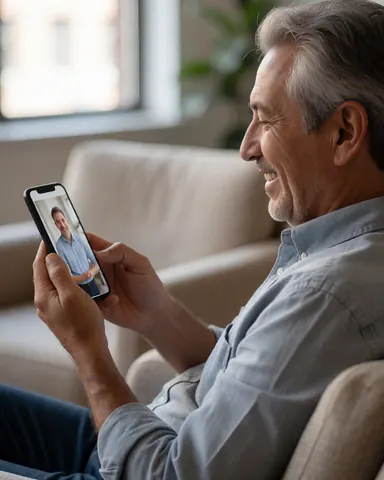 A smiling older man looks at a photo on his smartphone while sitting on a comfortable sofa in natural light.