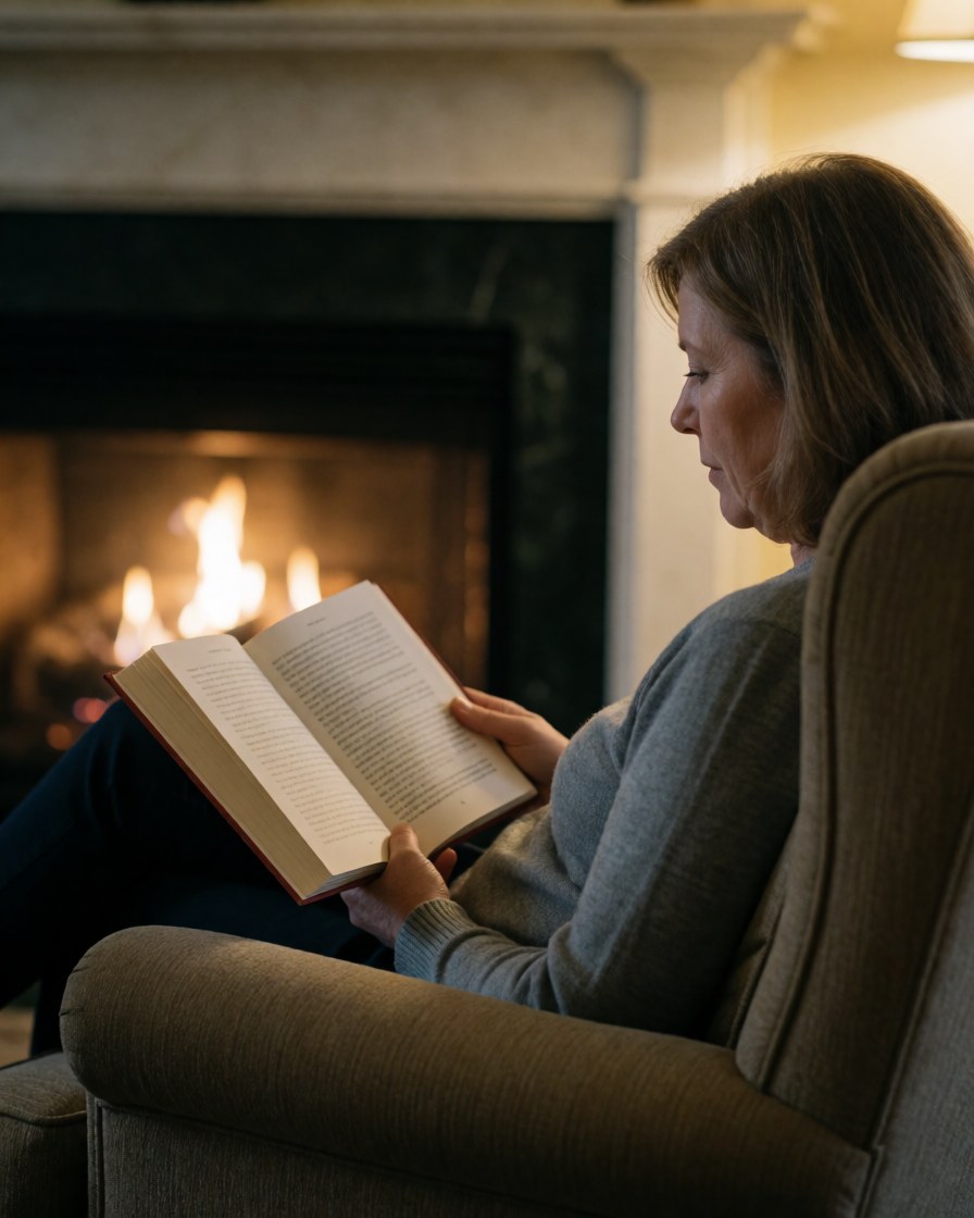 A woman enjoys reading a book in a comfortable armchair next to a lit fireplace with warm firelight illuminating the scene