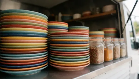 Colorful ceramic plates and spice jars arranged in a food truck with warm lighting and a blurred background