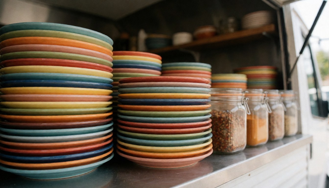Colorful ceramic plates and spice jars arranged in a food truck with warm lighting and a blurred background