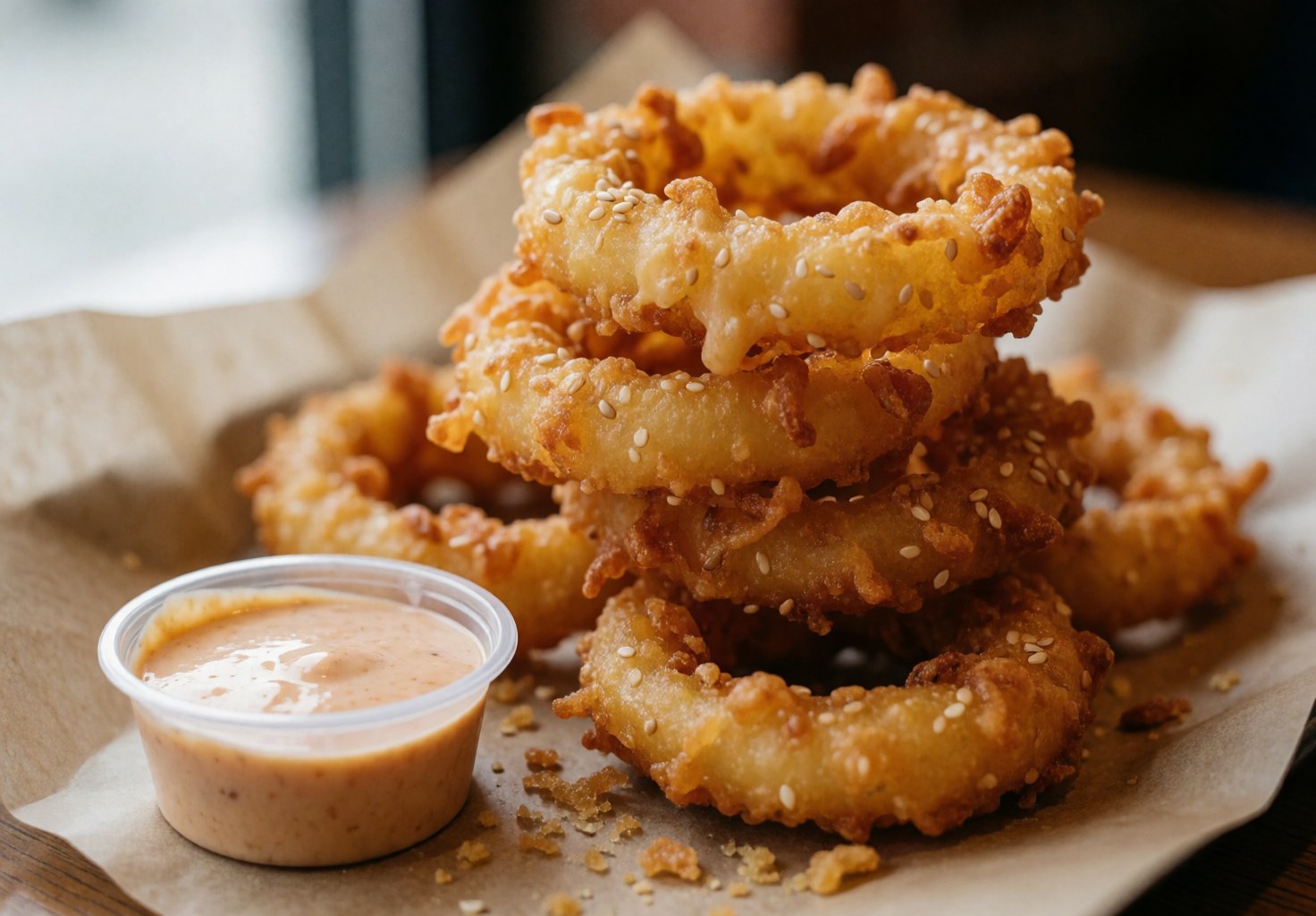 Crispy golden onion rings topped with sesame seeds served with spicy dipping sauce on kitchen paper