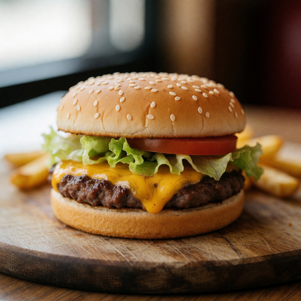 A classic cheeseburger with melted cheese, lettuce, tomato and french fries served on a wooden board