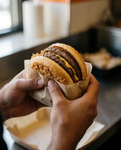 Close-up of hands holding a double cheeseburger wrapped in wax paper with a blurred restaurant counter background