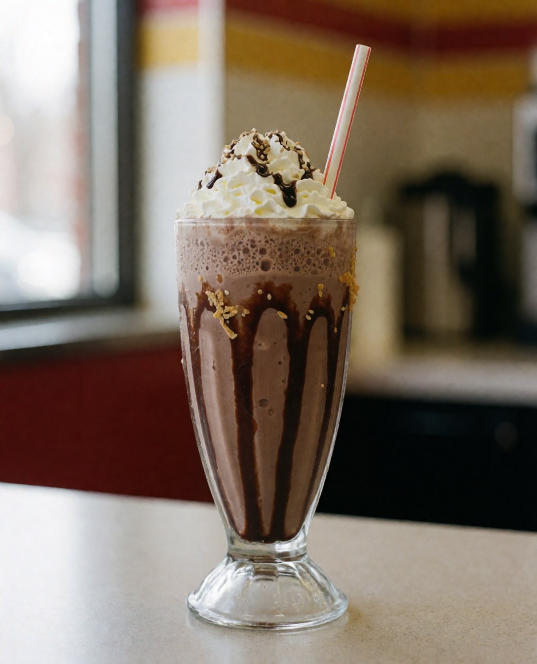 Tall glass chocolate milkshake topped with whipped cream and chocolate syrup with a straw on a restaurant table