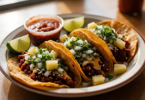 Three tacos al pastor topped with cheese, pineapple, onion, and cilantro served with red salsa and lime on a wooden table