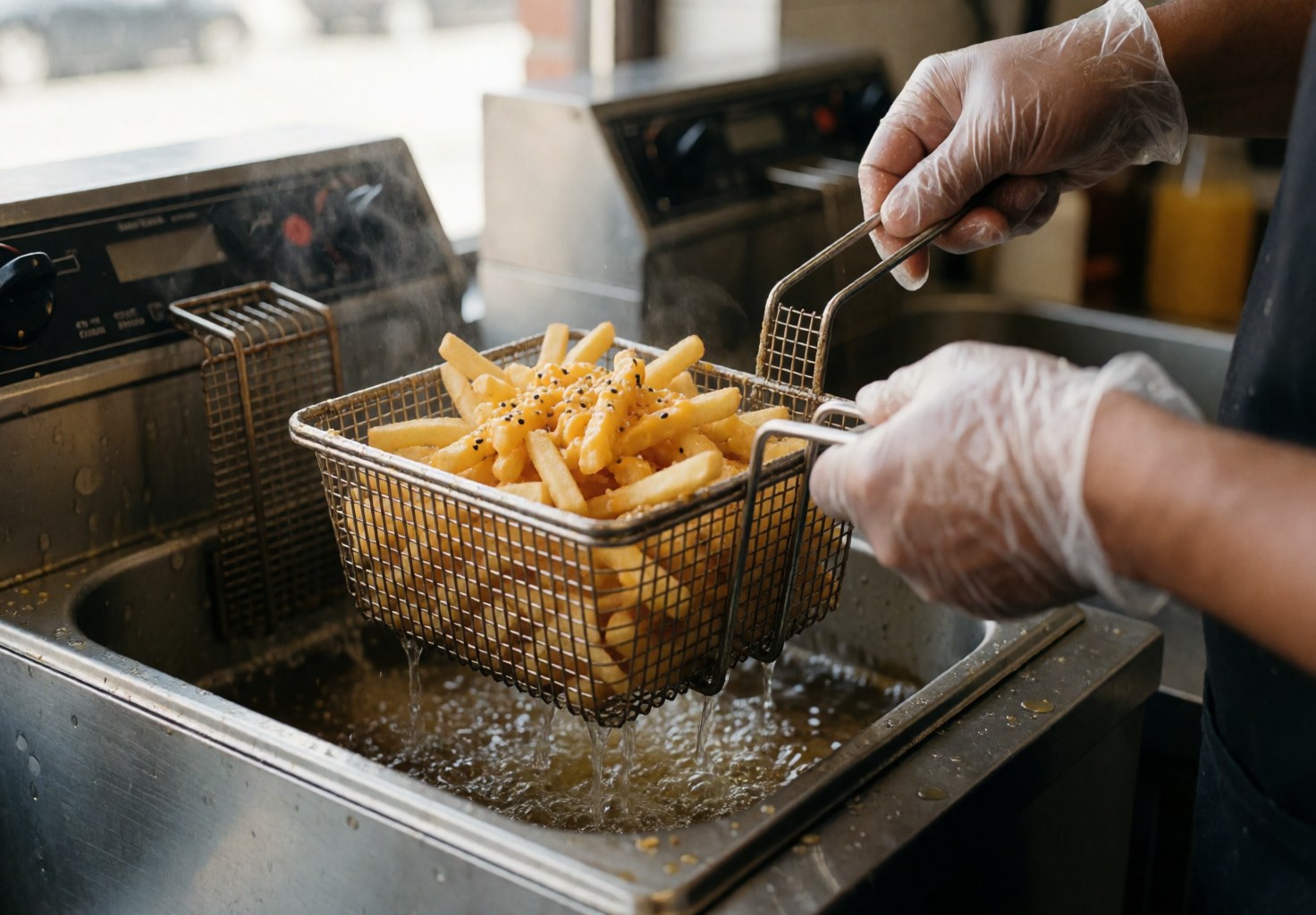 A chef wearing gloves lifts crispy golden french fries out of a hot oil deep fryer with steam rising