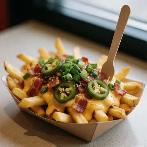 Golden fries topped with melted cheese, bacon, jalapenos, and green onions served on paper