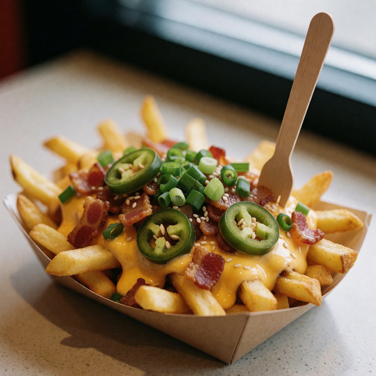 Golden fries topped with melted cheese, bacon, jalapenos, and green onions served on paper