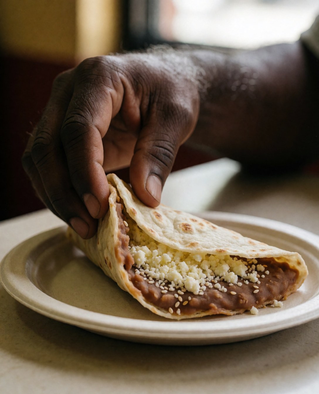 A hand picks up a baleada filled with beans, cheese, and cream on a paper plate in a warm cafeteria setting.