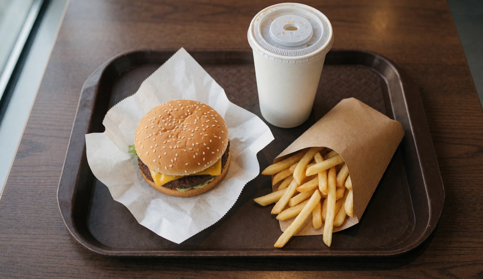 Cheeseburger, fries, and drink on a brown tray over a wooden table with natural light