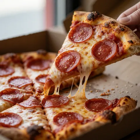 A slice of pepperoni pizza with melted cheese and a golden crust being lifted from a cardboard box