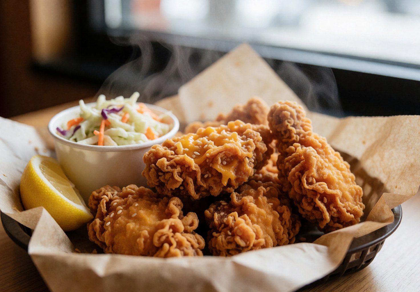 Steaming golden crispy fried chicken served in a basket alongside fresh coleslaw and a lemon wedge, ready to eat.