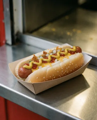 Close-up of a hot dog topped with mustard and ketchup served on paper at a fast food counter