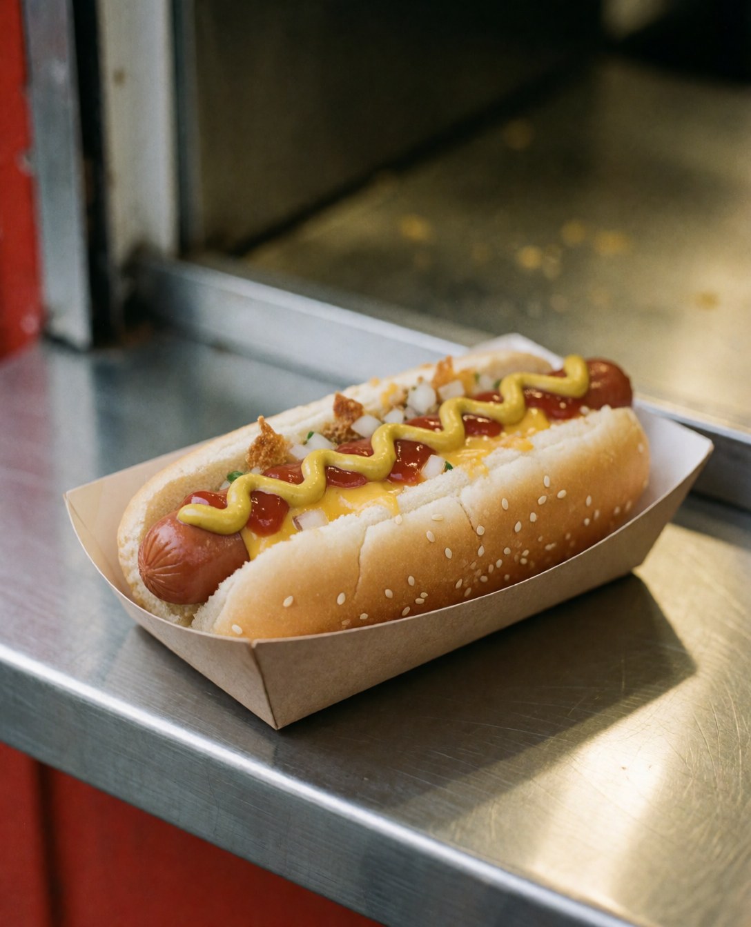 Close-up of a hot dog topped with mustard and ketchup served on paper at a fast food counter