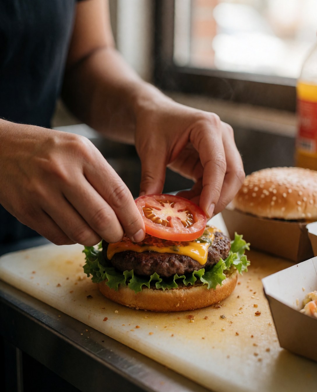 Hands placing a tomato slice on a hamburger patty with cheese and lettuce on a cutting board in a kitchen setting