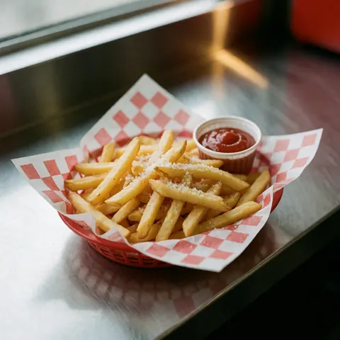 Crispy golden french fries with salt and ketchup on red and white checkered paper over a stainless steel table.