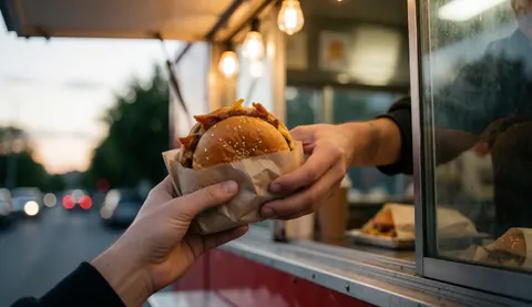 A customer receives a hamburger wrapped in paper from a food truck with warm lights and a blurred street background at sunset